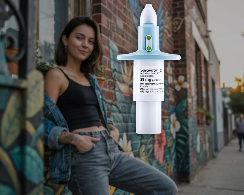 SPRAVATO nasal spray device with a patient-focused outdoor scene.